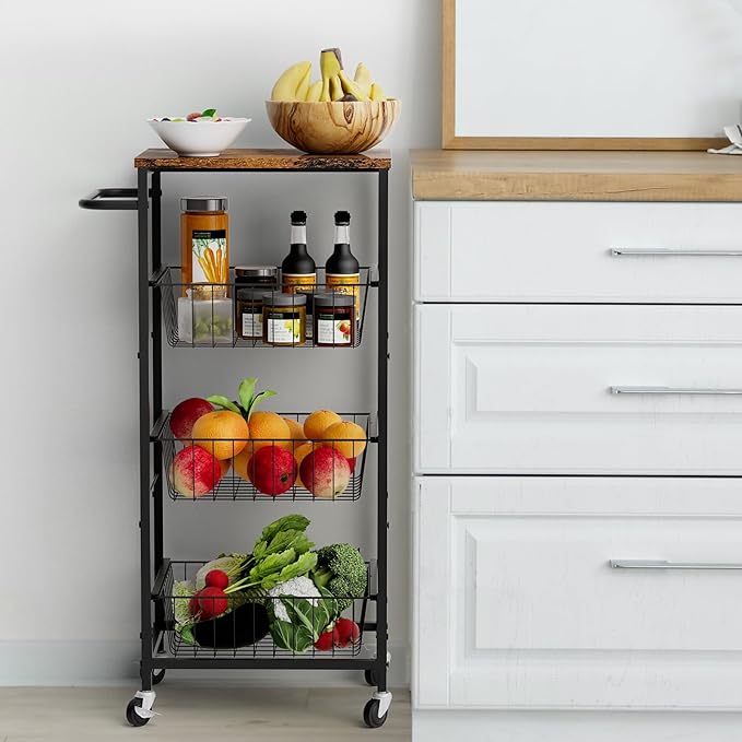 4 Tier Rolling Storage Cart, Kitchen Utility Storage Cart with Pull-Out Fruit Baskets, Mobile Pantry Cart with Wheels, Kitchen, Bathroom, Brown