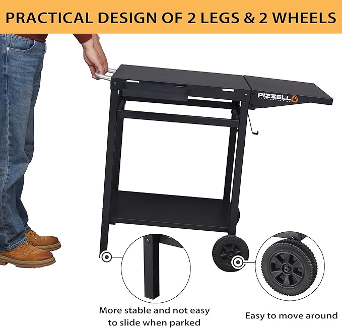Garden Cart 2 Layers Grill Cart for Outdoor Foldable Shelf Worktable Outside Kitchen Pizza Oven Stand Trolley with Handle, Wheels, and Hooks