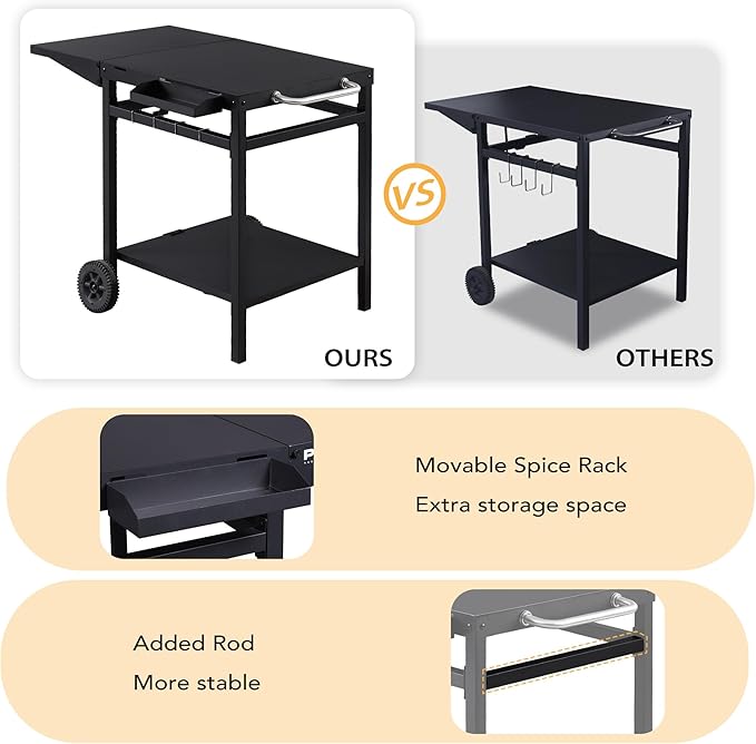 Garden Cart 2 Layers Grill Cart for Outdoor Foldable Shelf Worktable Outside Kitchen Pizza Oven Stand Trolley with Handle, Wheels, and Hooks