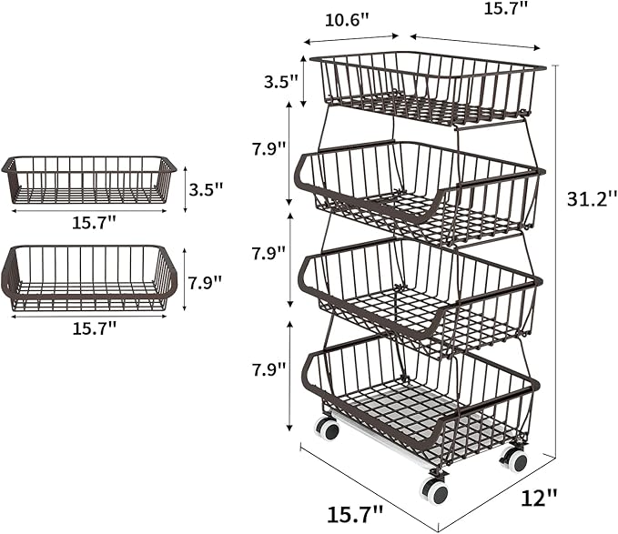 Fruit Vegetable Storage Basket for Kitchen - 4 Tier Stackable Metal Wire Baskets Cart with Rolling Wheels Utility Fruits Rack Produce Snack Organizer Bins for Pantry Bathroom Laundry Bronze