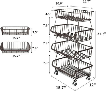 Fruit Vegetable Storage Basket for Kitchen - 4 Tier Stackable Metal Wire Baskets Cart with Rolling Wheels Utility Fruits Rack Produce Snack Organizer Bins for Pantry Bathroom Laundry Bronze