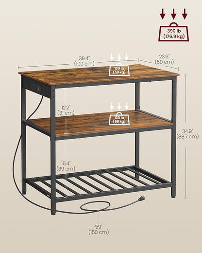 VASAGLE Kitchen Island with 3 Shelves, 39.4 Inches Width Kitchen Shelf with Power Strip, Large Worktop, Stable Steel Structure, Industrial, Easy to Assemble, Rustic Brown and Black UKKI105K01