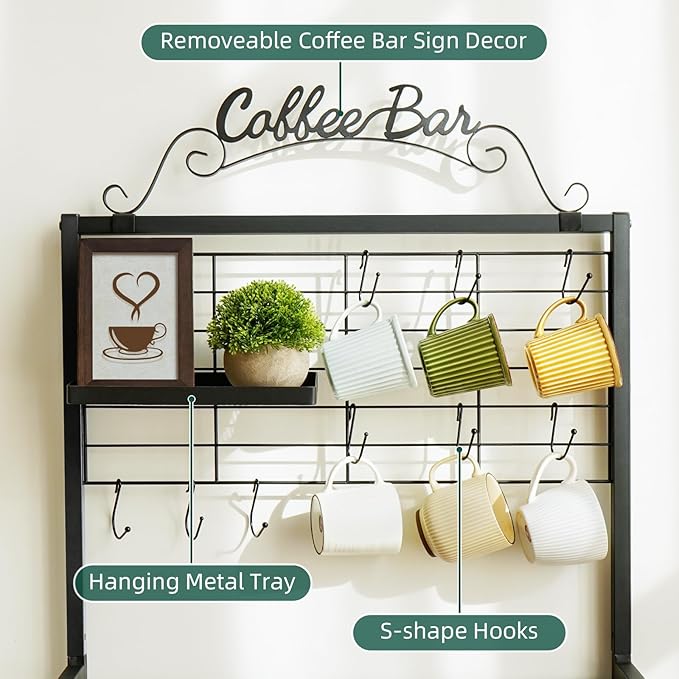 Coffee Bar Cabinet with Storage, Coffee Cart with Wheels, Coffee Station with Coffee Bar Sign and Mug Hook, Corner Coffee Bar Table with Drawer, Bakers Rack for Kitchen Dining Room Living Room Nook