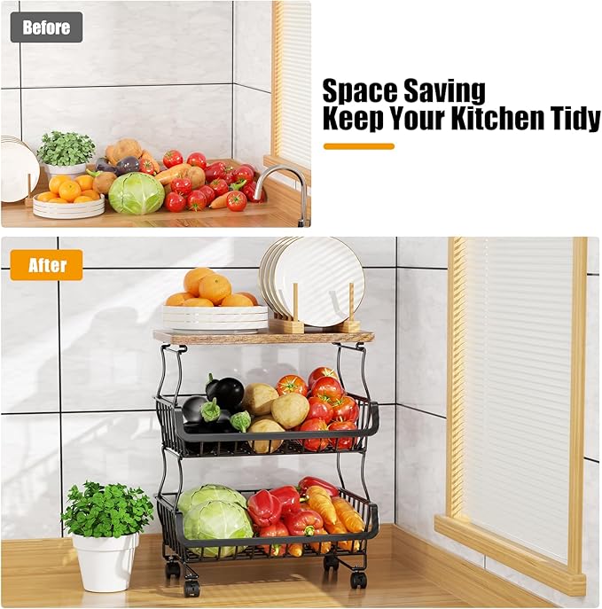 Fruit Vegetable Basket for Kitchen, 4 Tier Stackable Fruit Vegetable Storage Baskets with Wheels, Metal Wire Storage Basket Organizer Baskets for Kitchen, Pantry, Bathroom