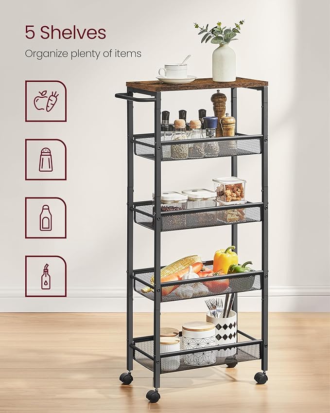 VASAGLE Slim Rolling Cart, 5-Tier Storage Cart, Narrow Cart with Handle, 8.7 Inches Deep, Metal Frame, for Kitchen, Dining Room, Living Room, Home Office, Rustic Brown and Classic Black ULRC035B01