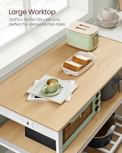 VASAGLE Kitchen Island with 3 Shelves, Kitchen Shelf with Power Strip, 23.6 x 39.4. x 34.9 Inches, Large Worktop, Steel Structure, Industrial, Easy to Assemble, Oak Color and White UKKI105Y01