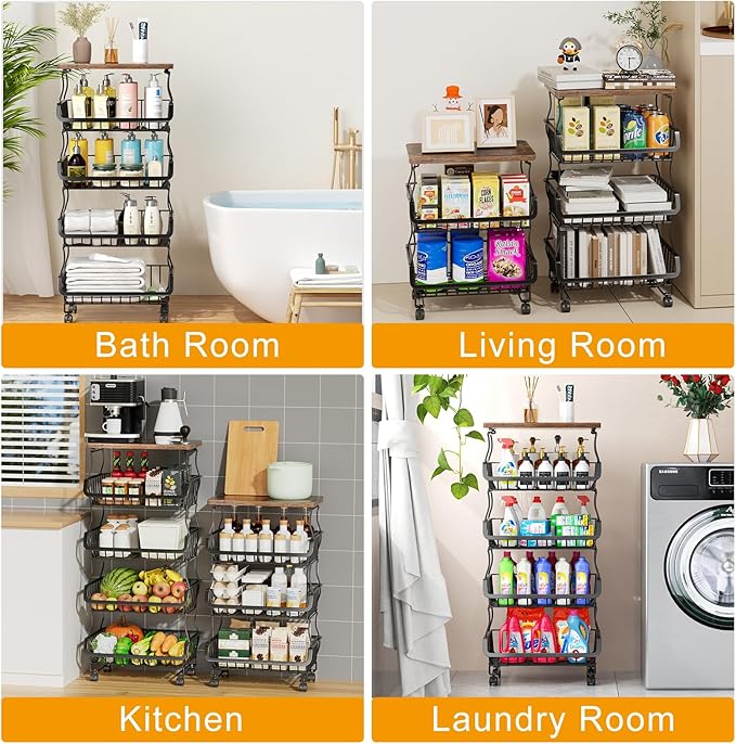 Fruit Vegetable Basket for Kitchen, 5 Tier Stackable Fruit Vegetable Storage Baskets with Wheels, Metal Wire Storage Basket Organizer Baskets for Kitchen, Pantry, Bathroom