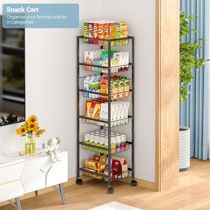 Fruit Vegetable Basket for Kitchen, 6 Tier Fruit and Vegetable Storage Cart, Metal Wire Storage Baskets with Wheels, Small Rolling Cart Organizer Rack for Pantry, Living Room, Bathroom