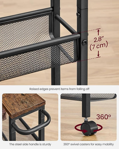 VASAGLE Slim Rolling Cart, 5-Tier Storage Cart, Narrow Carts with Handle, 5.1 Inches Deep, Metal Frame, for Kitchen, Dining Room, Living Room, Home Office, Rustic Brown and Classic Black ULRC034B01