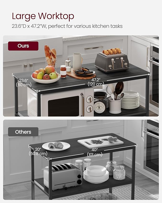 VASAGLE Kitchen Island with 3 Shelves, 47.2 Inches Width Kitchen Shelf with Large Worktop, Stable Steel Structure, Industrial, Easy to Assemble, Ebonised Oak and Black UKKI001B42