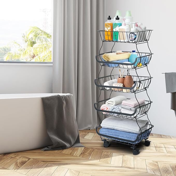 Fruit Vegetable Storage Basket, Kitchen Fruit Vegetable Storage Cart, 5 Tier Stackable Metal Wire Storage Baskets with Wheels, Produce Basket Organizer Bins for Pantry, Bathroom, Black