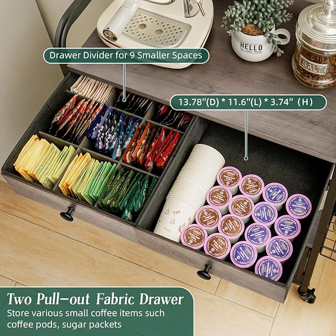 Coffee Bar Cabinet with Storage, Coffee Cart with Wheels, Coffee Station with Coffee Bar Sign and Mug Hook, Corner Coffee Bar Table with Drawer, Bakers Rack for Kitchen Dining Room Living Room Nook