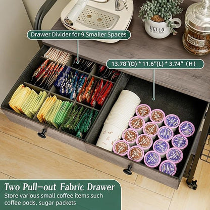 Coffee Bar Cabinet with Storage, Coffee Cart with Wheels, Coffee Station with Coffee Bar Sign and Mug Hook, Corner Coffee Bar Table with Drawer, Bakers Rack for Kitchen Dining Room Living Room Nook