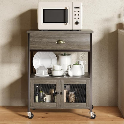 Catrimown Coffee Cart Station, Coffee Stand Station, Small Microwave Stand with Drawer, Movable Farmhouse Coffee Station Table on Wheels for Living Room, Entryway, Dining Room, Kitchen, Wash Grey