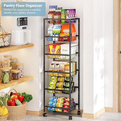 Fruit Vegetable Basket for Kitchen, 6 Tier Fruit and Vegetable Storage Cart, Metal Wire Storage Baskets with Wheels, Small Rolling Cart Organizer Rack for Pantry, Living Room, Bathroom