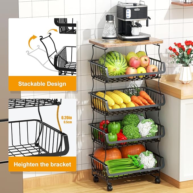 Fruit Vegetable Basket for Kitchen, 5 Tier Stackable Fruit Vegetable Storage Baskets with Wheels, Metal Wire Storage Basket Organizer Baskets for Kitchen, Pantry, Bathroom