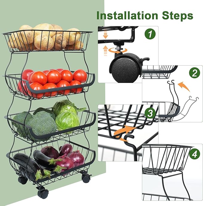 Fruit Vegetable Storage Basket, Kitchen Fruit Vegetable Storage Cart, 4 Tier Stackable Metal Wire Storage Baskets with Wheels, Produce Basket Organizer Bins for Pantry, Bathroom, Black