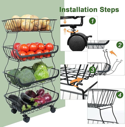 Fruit Vegetable Storage Basket, Kitchen Fruit Vegetable Storage Cart, 4 Tier Stackable Metal Wire Storage Baskets with Wheels, Produce Basket Organizer Bins for Pantry, Bathroom, Black
