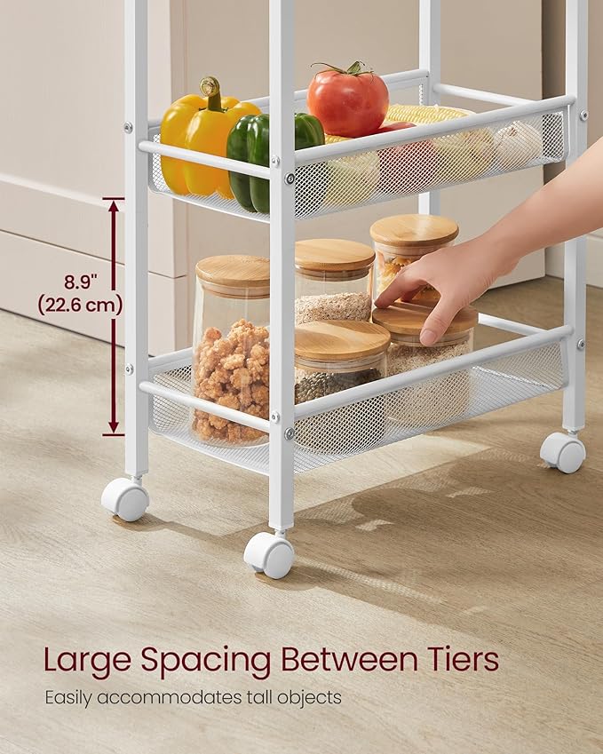 VASAGLE Slim Rolling Cart, 5-Tier Storage Cart, Narrow Cart with Handle, 8.7 Inches Deep, Metal Frame, for Kitchen, Dining Room, Living Room, Home Office, Oak Beige and Classic White ULRC035W09