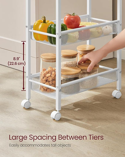 VASAGLE Slim Rolling Cart, 5-Tier Storage Cart, Narrow Cart with Handle, 8.7 Inches Deep, Metal Frame, for Kitchen, Dining Room, Living Room, Home Office, Oak Beige and Classic White ULRC035W09