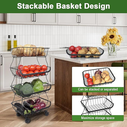 Fruit Vegetable Storage Basket, Kitchen Fruit Vegetable Storage Cart, 4 Tier Stackable Metal Wire Storage Baskets with Wheels, Produce Basket Organizer Bins for Pantry, Bathroom, Black