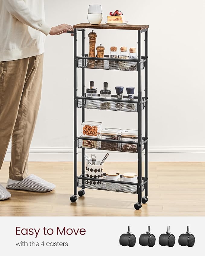 VASAGLE Slim Rolling Cart, 5-Tier Storage Cart, Narrow Carts with Handle, 5.1 Inches Deep, Metal Frame, for Kitchen, Dining Room, Living Room, Home Office, Rustic Brown and Classic Black ULRC034B01