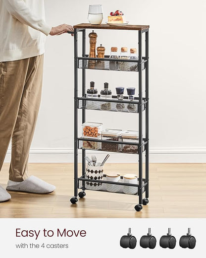 VASAGLE Slim Rolling Cart, 5-Tier Storage Cart, Narrow Carts with Handle, 5.1 Inches Deep, Metal Frame, for Kitchen, Dining Room, Living Room, Home Office, Rustic Brown and Classic Black ULRC034B01