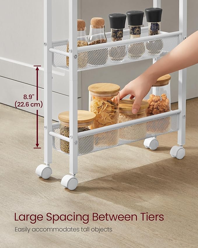 VASAGLE Slim Rolling Cart, 5-Tier Storage Cart, Narrow Cart with Handle, 5.1 Inches Deep, Metal Frame, for Kitchen, Dining Room, Living Room, Home Office, Oak Beige and Classic White ULRC034W09