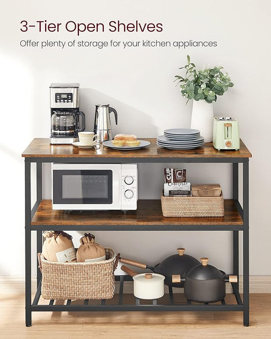VASAGLE Kitchen Island with 3 Shelves, 47.2 Inches Width Kitchen Shelf with Large Worktop, Stable Steel Structure, Industrial, Easy to Assemble, Rustic Brown and Black UKKI01BX