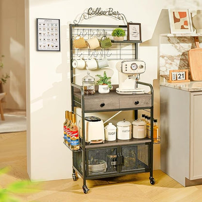 Coffee Bar Cabinet with Storage, Coffee Cart with Wheels, Coffee Station with Coffee Bar Sign and Mug Hook, Corner Coffee Bar Table with Drawer, Bakers Rack for Kitchen Dining Room Living Room Nook