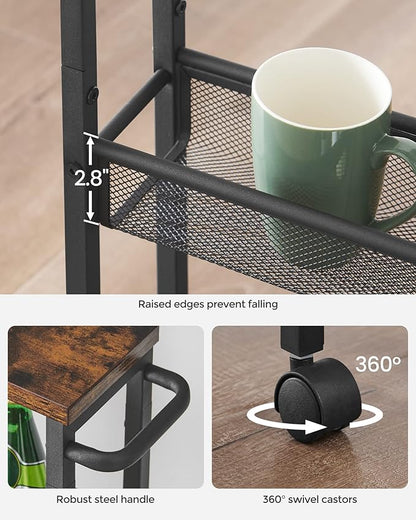 VASAGLE Slim Rolling Cart, 4-Tier Narrow Storage Cart with Handle, 5.1 Inches Deep, Metal Frame, for Kitchen, Dining Room, Living Room, Home Office, Rustic Brown and Classic Black ULRC032B01V1