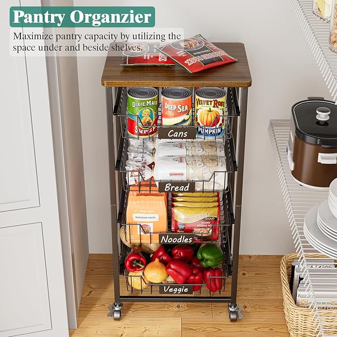 5-Tier Vegetable Fruit Basket Kitchen Storage Rolling Cart on Wheels with Pull-Out Baskets and Wood Top for Kitchen Diningroom Pantry