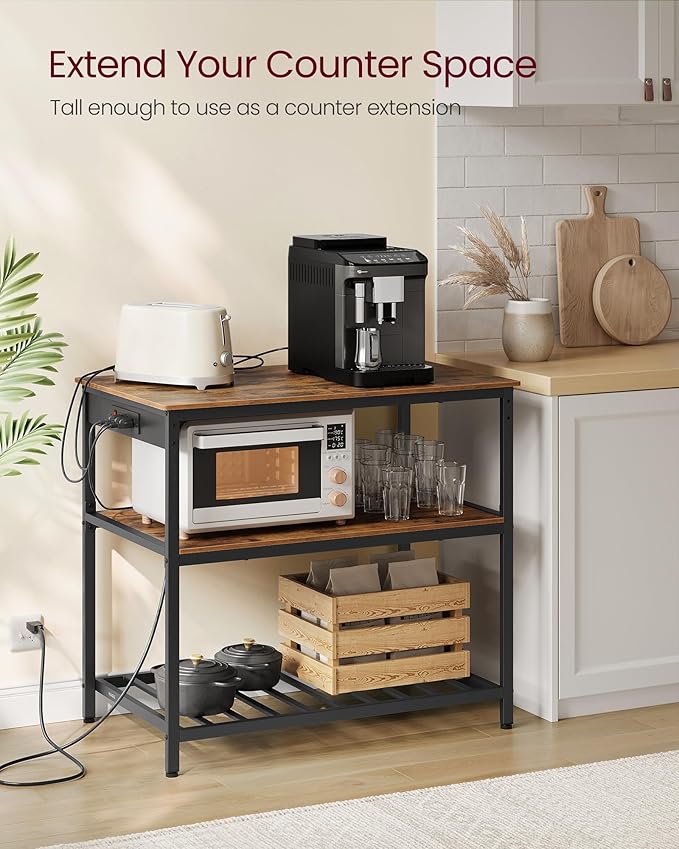 VASAGLE Kitchen Island with 3 Shelves, 39.4 Inches Width Kitchen Shelf with Power Strip, Large Worktop, Stable Steel Structure, Industrial, Easy to Assemble, Rustic Brown and Black UKKI105K01