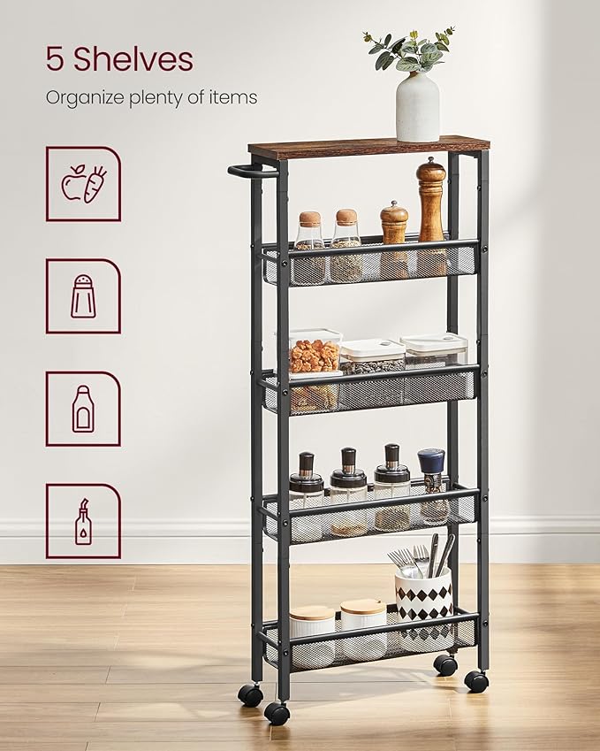 VASAGLE Slim Rolling Cart, 5-Tier Storage Cart, Narrow Carts with Handle, 5.1 Inches Deep, Metal Frame, for Kitchen, Dining Room, Living Room, Home Office, Rustic Brown and Classic Black ULRC034B01
