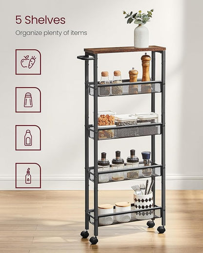 VASAGLE Slim Rolling Cart, 5-Tier Storage Cart, Narrow Carts with Handle, 5.1 Inches Deep, Metal Frame, for Kitchen, Dining Room, Living Room, Home Office, Rustic Brown and Classic Black ULRC034B01