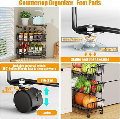 Fruit Vegetable Basket for Kitchen, 5 Tier Stackable Fruit Vegetable Storage Baskets with Wheels, Metal Wire Storage Basket Organizer Baskets for Kitchen, Pantry, Bathroom