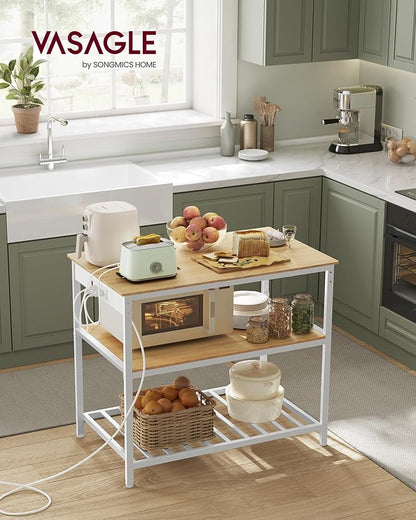 VASAGLE Kitchen Island with 3 Shelves, Kitchen Shelf with Power Strip, 23.6 x 39.4. x 34.9 Inches, Large Worktop, Steel Structure, Industrial, Easy to Assemble, Oak Color and White UKKI105Y01