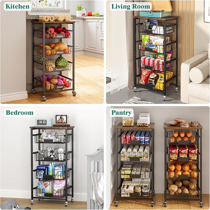 5-Tier Vegetable Fruit Basket Kitchen Storage Rolling Cart on Wheels with Pull-Out Baskets and Wood Top for Kitchen Diningroom Pantry