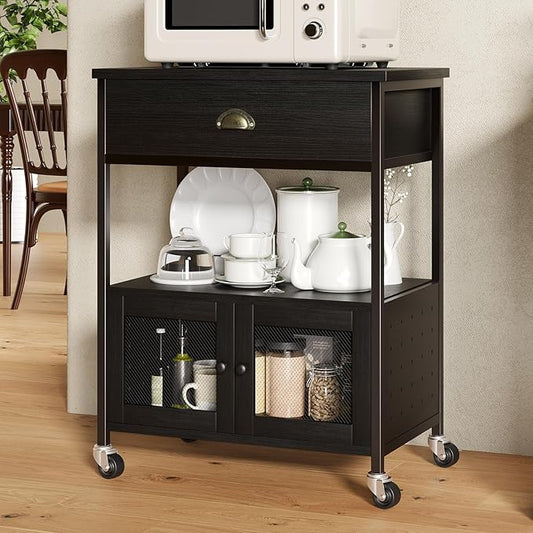 Coffee Cart Station with Storage Drawer, Small Microwave Stand with Storage Cabinet, Coffee Stand Station, Rolling Island Cart for Living Room, Dining Room, Kitchen, Black