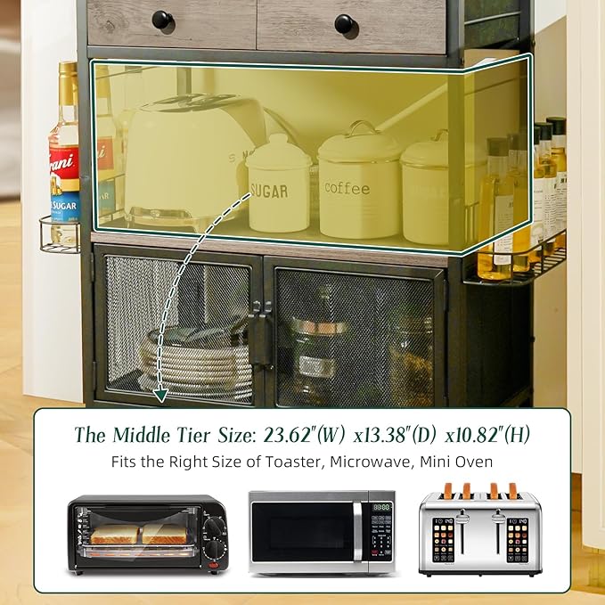 Coffee Bar Cabinet with Storage, Coffee Cart with Wheels, Coffee Station with Coffee Bar Sign and Mug Hook, Corner Coffee Bar Table with Drawer, Bakers Rack for Kitchen Dining Room Living Room Nook