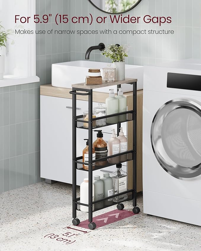 VASAGLE Slim Rolling Cart, 4-Tier Storage Cart, Narrow Cart with Handle, 5.1 Inches Deep, Metal Frame, for Kitchen, Dining Room, Living Room, Home Office, Heather Greige and Classic Black ULRC032K01