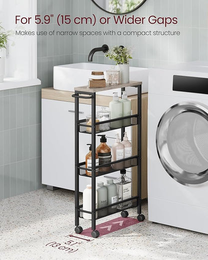 VASAGLE Slim Rolling Cart, 4-Tier Storage Cart, Narrow Cart with Handle, 5.1 Inches Deep, Metal Frame, for Kitchen, Dining Room, Living Room, Home Office, Heather Greige and Classic Black ULRC032K01