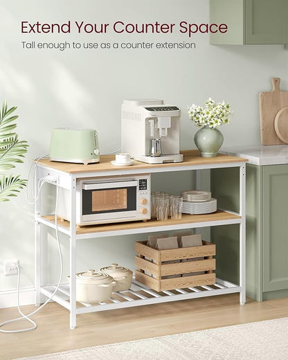 VASAGLE Kitchen Island with 3 Shelves, Kitchen Shelf with Power Strip, 23.6 x 47.2 x 34.9 Inches, Large Worktop, Steel Structure, Industrial, Easy to Assemble, Oak Color and White UKKI101Y01