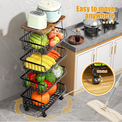 Fruit Vegetable Basket for Kitchen, 5 Tier Stackable Fruit Vegetable Storage Baskets with Wheels, Metal Wire Storage Basket Organizer Baskets for Kitchen, Pantry, Bathroom