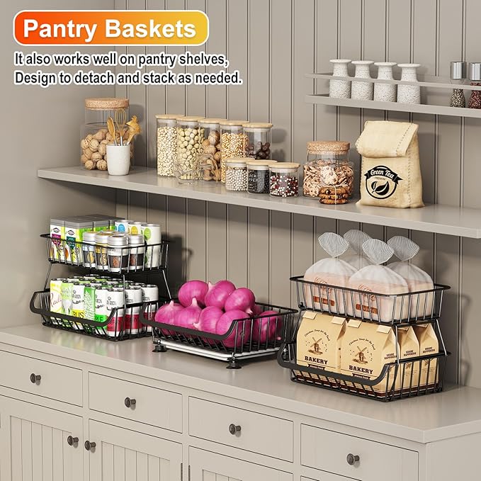 Miyawell 3-Tier Rolling Pantry Cart with Wheels, Stackable Wire Storage Floor Organizer for Kitchen Pantry Snack Shelves, Fruit Basket Stand, Vegetable Storage Rack for Food Snacks Onion Potato