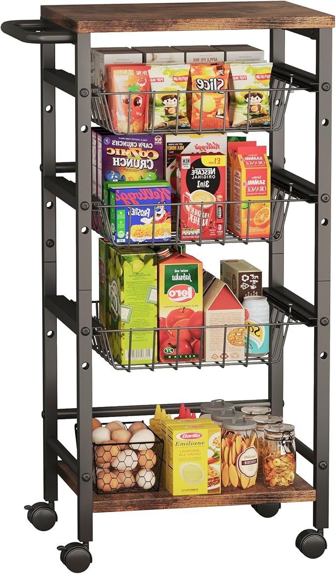 5-Tier Snack Organizer Cart with 3 Height Adjustable Pull-Out Baskets and 2 Storage Shelves, Utility Kitchen Organizer and Storage Cart with Convenient Handle for Fruit Potato Onion Vegetable Snack