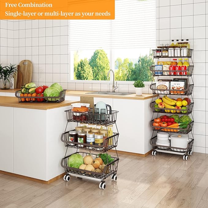 Fruit Vegetable Storage Basket for Kitchen - 6 Tier Stackable Metal Wire Baskets Cart with Rolling Wheels Utility Fruits Rack Produce Snack Organizer Bins for Pantry Bathroom Laundry Bronze