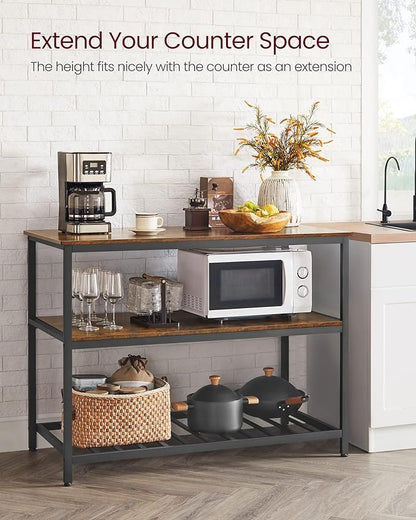 VASAGLE Kitchen Island with 3 Shelves, 47.2 Inches Width Kitchen Shelf with Large Worktop, Stable Steel Structure, Industrial, Easy to Assemble, Rustic Brown and Black UKKI01BX