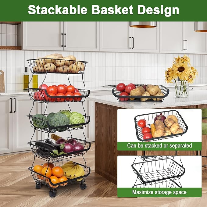Fruit Vegetable Storage Basket, Kitchen Fruit Vegetable Storage Cart, 5 Tier Stackable Metal Wire Storage Baskets with Wheels, Produce Basket Organizer Bins for Pantry, Bathroom, Black