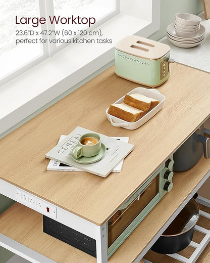 VASAGLE Kitchen Island with 3 Shelves, Kitchen Shelf with Power Strip, 23.6 x 47.2 x 34.9 Inches, Large Worktop, Steel Structure, Industrial, Easy to Assemble, Oak Color and White UKKI101Y01